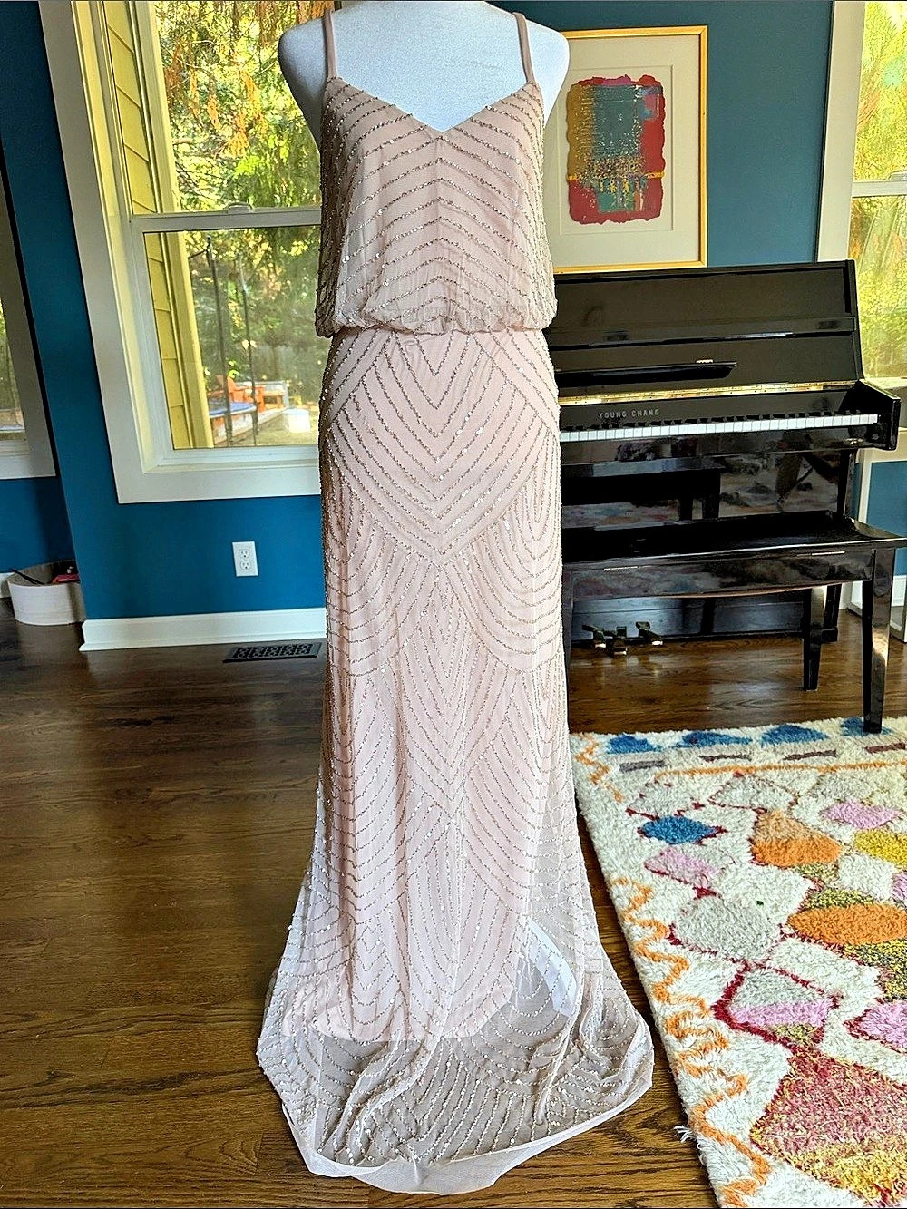 Adrianna Papell Art Deco Beaded Blouson Gown Pink Size
